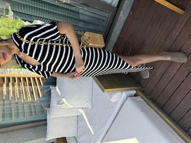 Polo Yaka Çizgili Triko Elbise