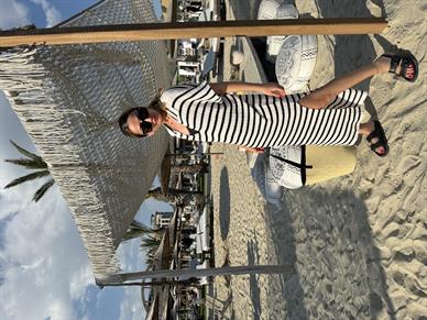 Polo Yaka Ekru Çizgili Triko Elbise