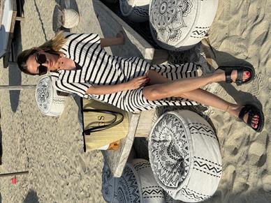 Polo Yaka Ekru Çizgili Triko Elbise