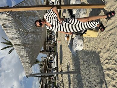 Polo Yaka Ekru Çizgili Triko Elbise