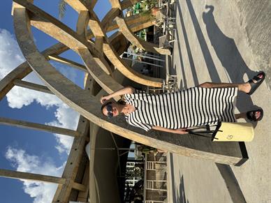 Polo Yaka Ekru Çizgili Triko Elbise