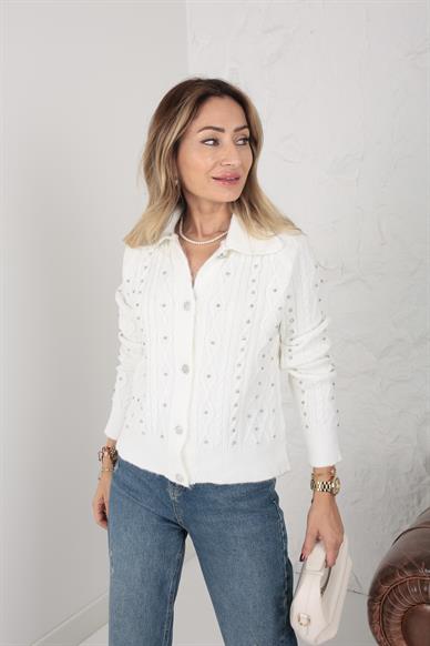 Polo Yaka Ekru İşli Bej Hırka