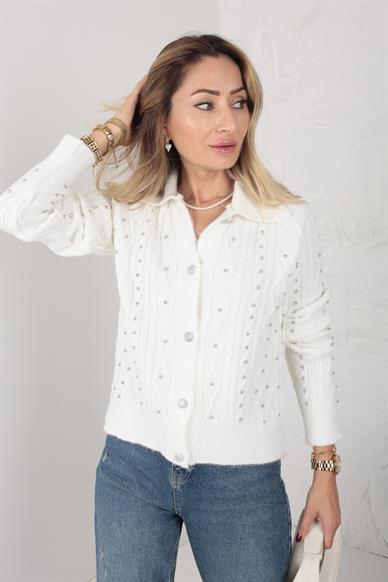 Polo Yaka Ekru İşli Bej Hırka