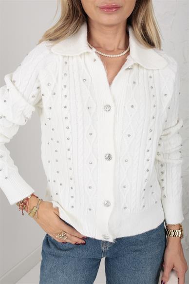 Polo Yaka Ekru İşli Bej Hırka