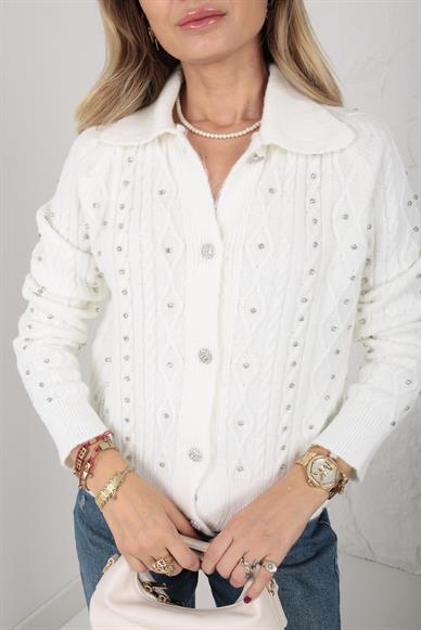 Polo Yaka Ekru İşli Bej Hırka