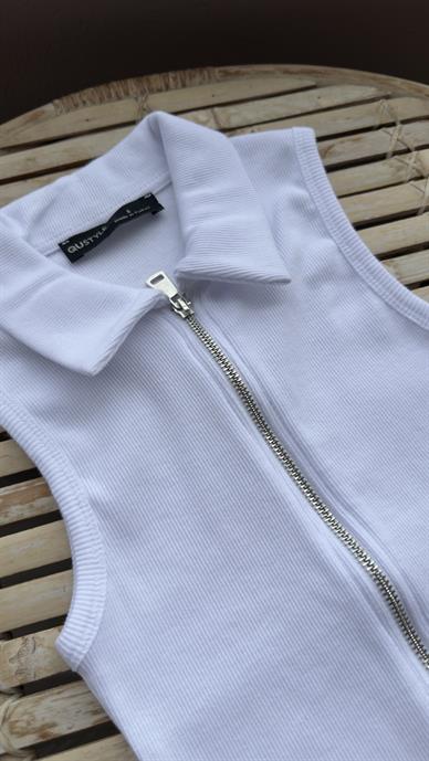 Polo Yaka Fermuarlı Beyaz Fitilli Bluz