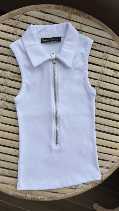 Polo Yaka Fermuarlı Beyaz Fitilli Bluz