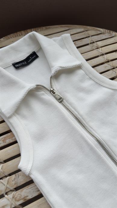 Polo Yaka Fermuarlı Ekru Fitilli Bluz