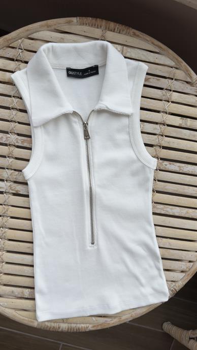 Polo Yaka Fermuarlı Ekru Fitilli Bluz