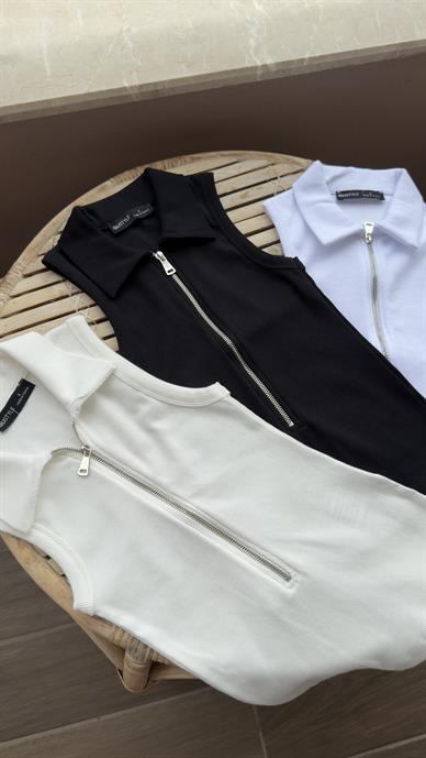 Polo Yaka Fermuarlı Siyah Fitilli Bluz