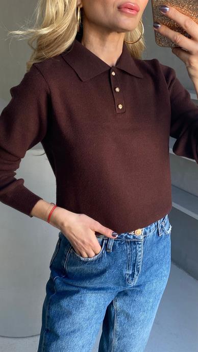 Polo Yaka Gold Düğmeli Kahve Kazak