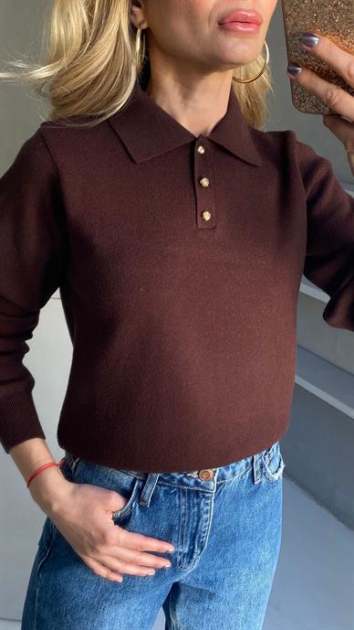 Polo Yaka Gold Düğmeli Kahve Kazak