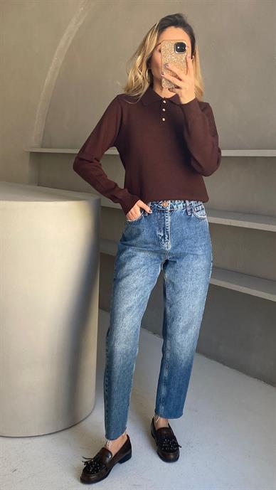 Polo Yaka Gold Düğmeli Kahve Kazak