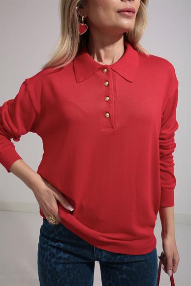 Polo Yaka Gold Düğmeli Oversize Kırmızı Triko Kazak