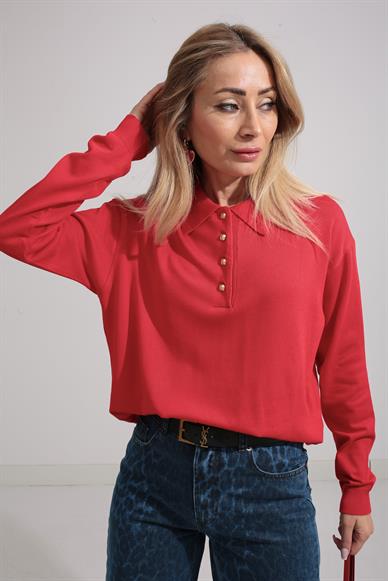 Polo Yaka Gold Düğmeli Oversize Kırmızı Triko Kazak