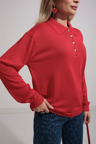 Polo Yaka Gold Düğmeli Oversize Kırmızı Triko Kazak