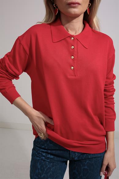 Polo Yaka Gold Düğmeli Oversize Kırmızı Triko Kazak