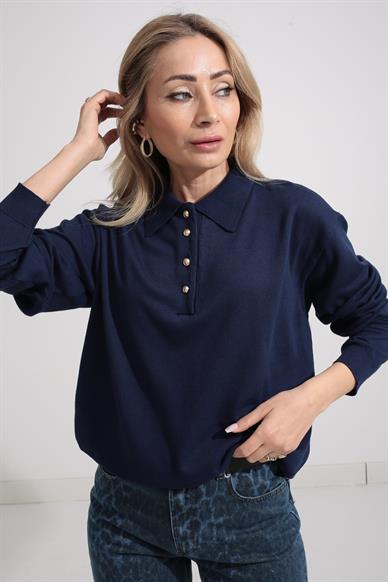 Polo Yaka Gold Düğmeli Oversize Lacivertı Triko Kazak