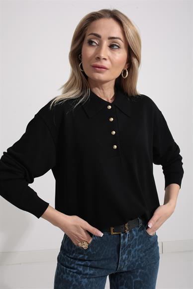 Polo Yaka Gold Düğmeli Oversize Siyah Triko Kazak