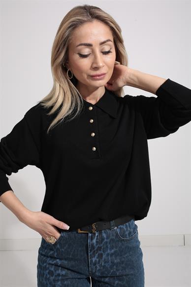Polo Yaka Gold Düğmeli Oversize Siyah Triko Kazak