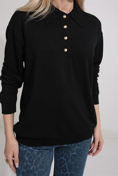 Polo Yaka Gold Düğmeli Oversize Siyah Triko Kazak