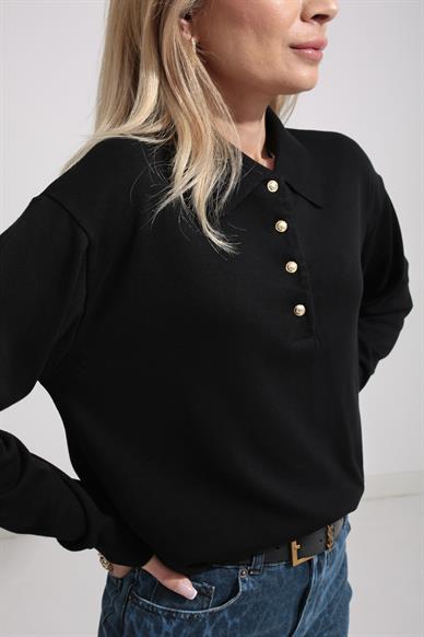 Polo Yaka Gold Düğmeli Oversize Siyah Triko Kazak