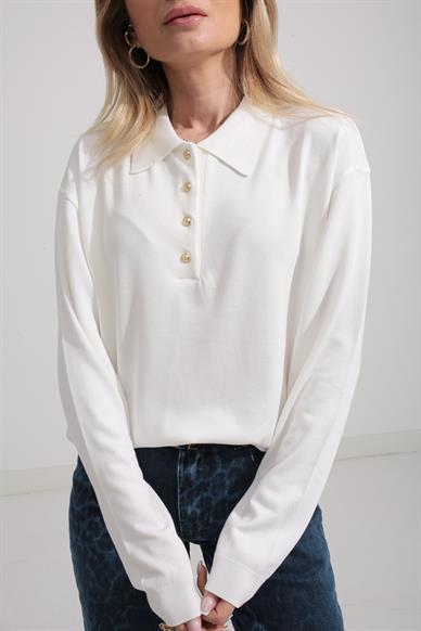 Polo Yaka Gold Düğmeli Oversize Triko Kazak
