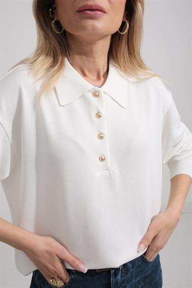 Polo Yaka Gold Düğmeli Oversize Triko Kazak