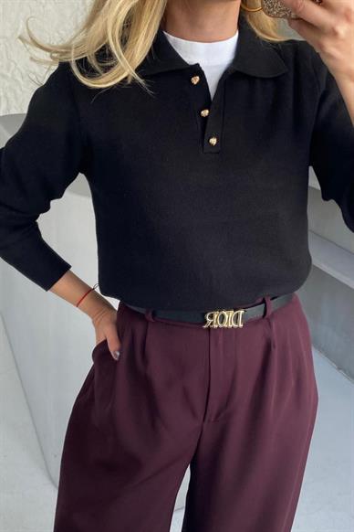 Polo Yaka Gold Düğmeli Siyah Kazak