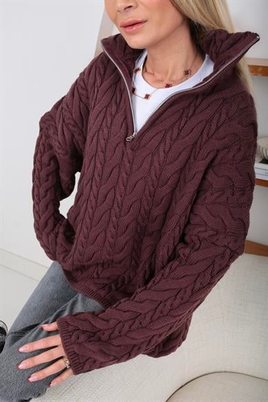 Polo Yaka Saç Örgülü Bordo Kazak