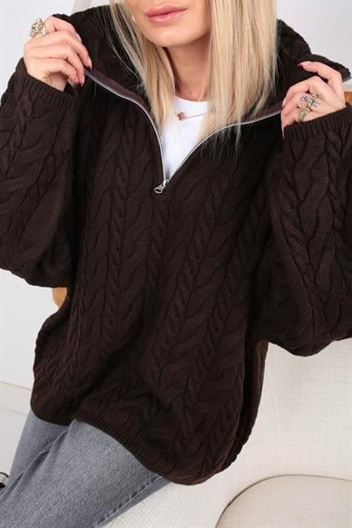 Polo Yaka Saç Örgülü Kahve Kazak