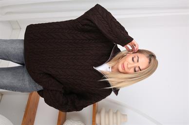 Polo Yaka Saç Örgülü Kahve Kazak