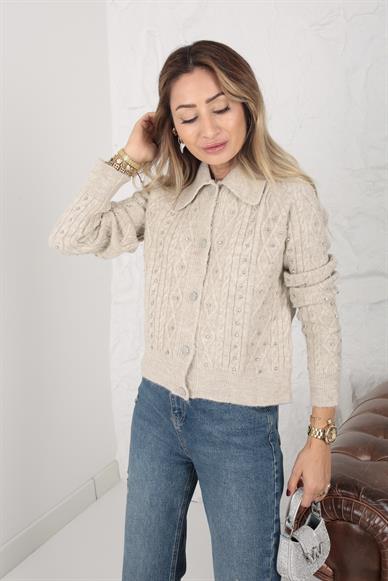 Polo Yaka Taş İşli Bej Hırka