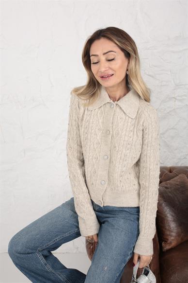 Polo Yaka Taş İşli Bej Hırka