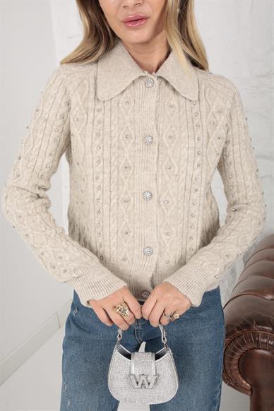 Polo Yaka Taş İşli Bej Hırka