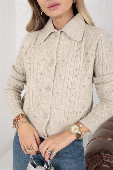 Polo Yaka Taş İşli Bej Hırka