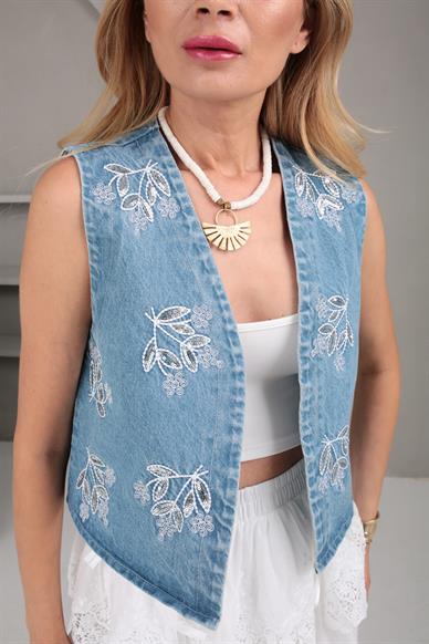 Pul İşli Nakışlı Denim Yelek