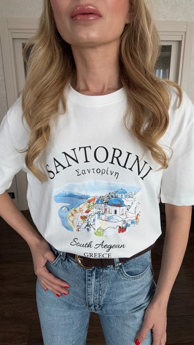 Renkli Baskılı Beyaz Basic Tshirt