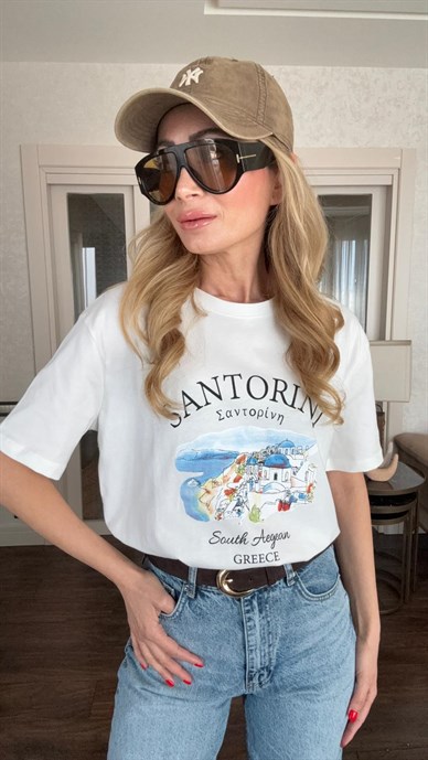 Renkli Baskılı Beyaz Basic Tshirt