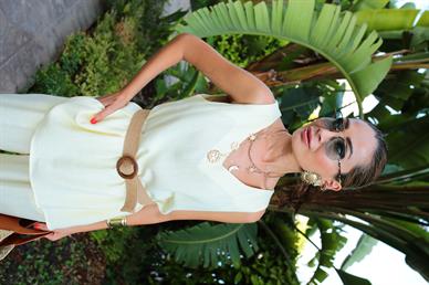 Sarı V Yaka Bluz Pantolon Keten Takım