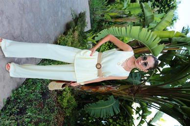 Sarı V Yaka Bluz Pantolon Keten Takım