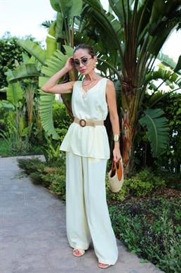 Sarı V Yaka Bluz Pantolon Keten Takım