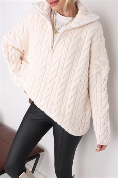 Saş Örgülü Fermuarlı Ekru Kazak