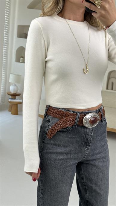 Sıfır Yaka Ekru Crop Kazak