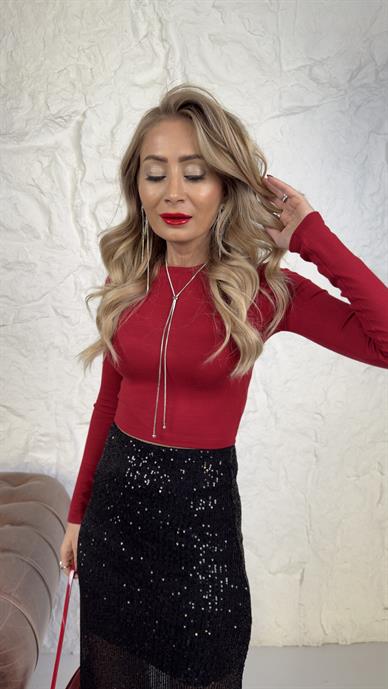 Sıfır Yaka Kırmızı Crop Tshirt