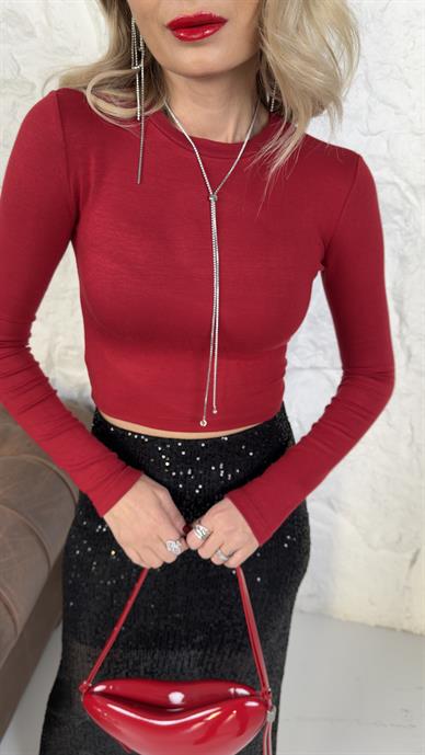 Sıfır Yaka Kırmızı Crop Tshirt