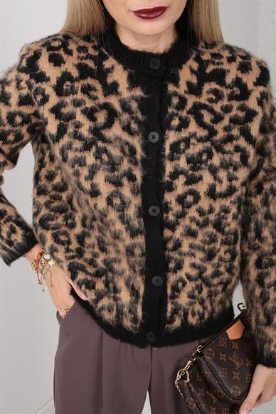 Sıfır Yaka Leopar Desen Tüylü Hırka