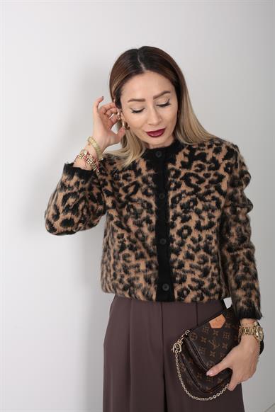 Sıfır Yaka Leopar Desen Tüylü Hırka