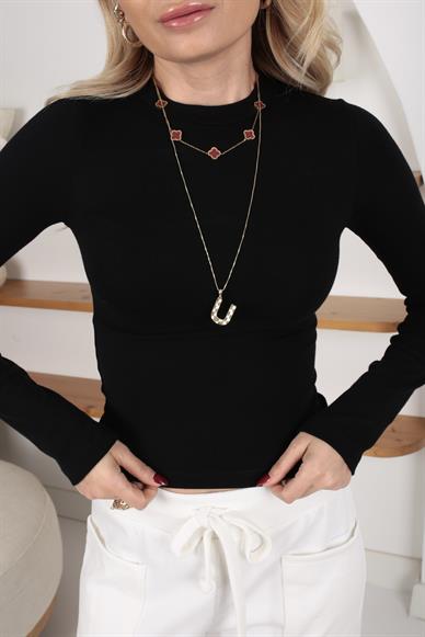 Sıfır Yaka Siyah Crop Tshirt