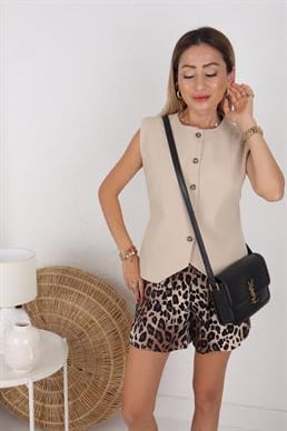 Sıfır Yaka Taş Ham Keten Yelek